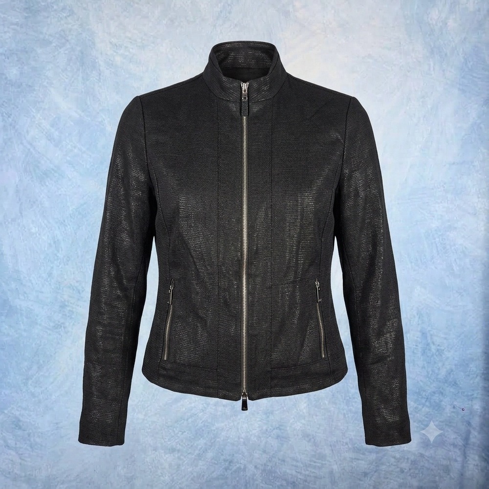 Lauren Ralph Lauren Black Coated Linen Moto Jacket Mock Neck Zip Front Size 4